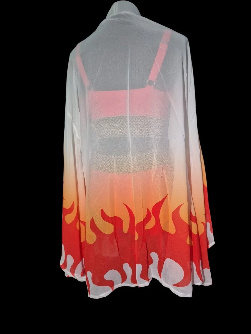 #2 Flame Print Sheer Kimono Cardigan Open Front Long Sleeve Swim Cover Up- Sz OS